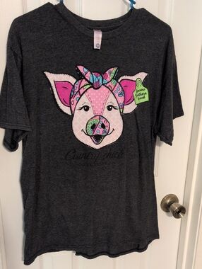 Gray Tee with Pink Patterned Pig Graphic